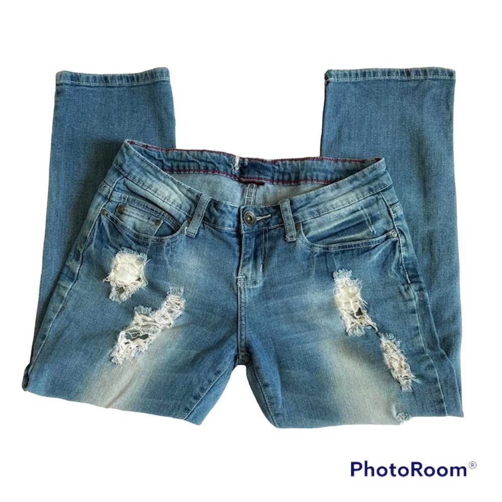 Cropped, distressed, straight jeans